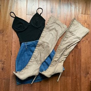 NWT Lace Up Tan Suede Thigh High, High Heel Boots